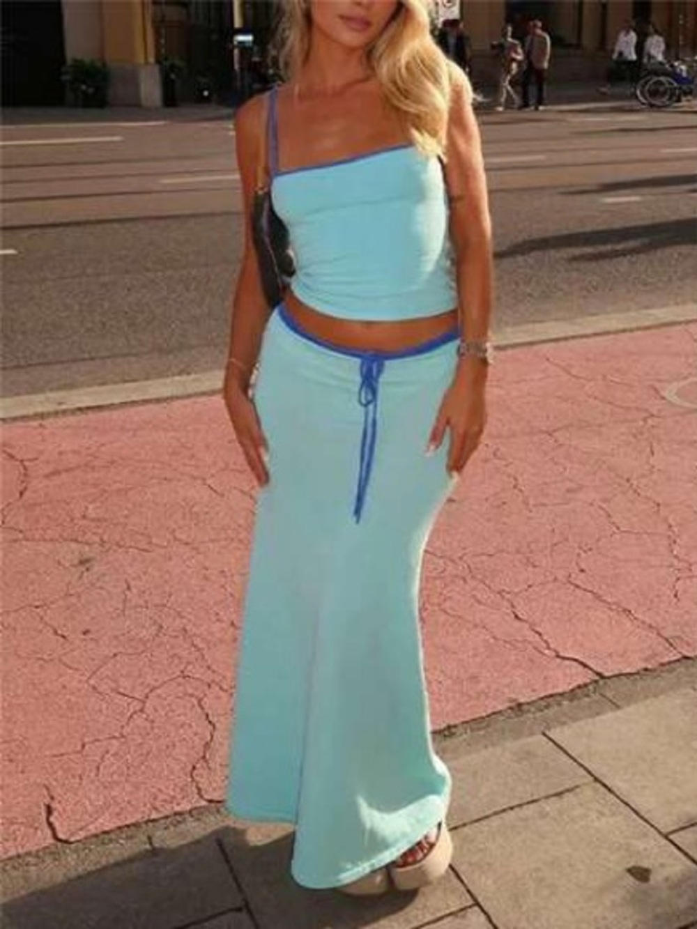 Light Blue Convertible Maxi Skirt with Contrast Waist